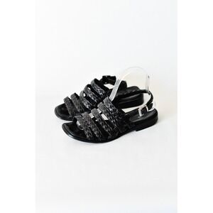 Vintage Black Woven Leather Multi Strap Gladiator Sandals Slingback Flat 39